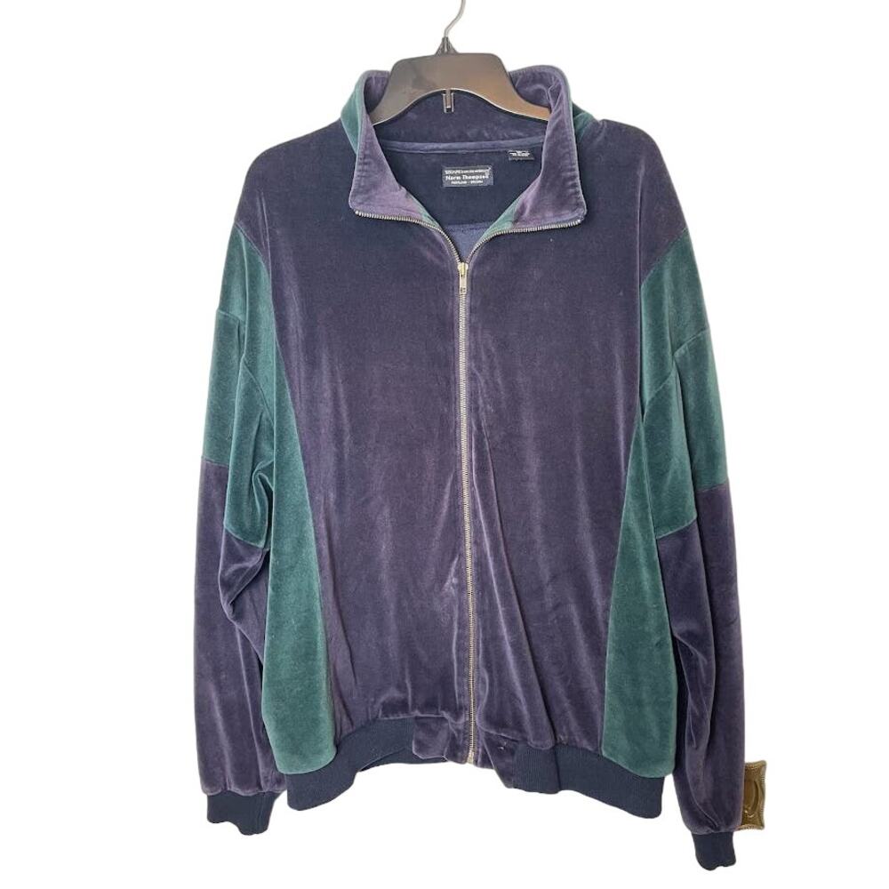 Norm Thompson Purple and Green Velour Zip Bomber Jacket